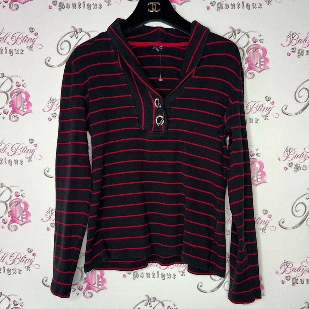 Nautica sweater toggle buttons black and red striped collared pull over hoodie